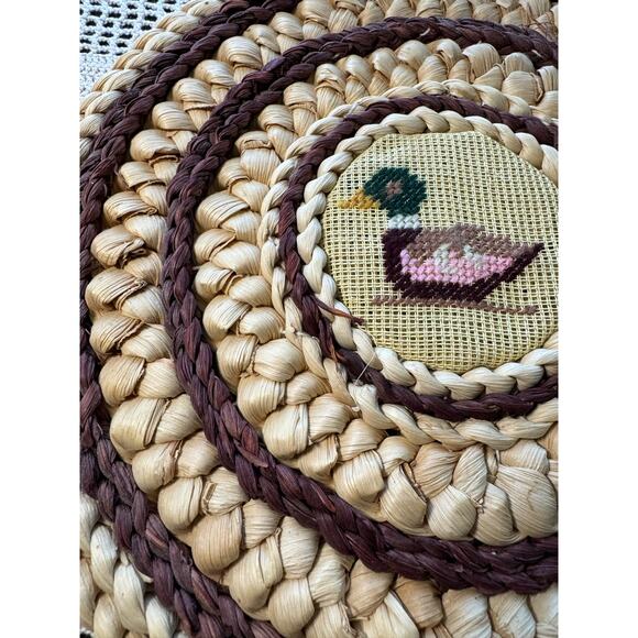 Vintage 12” Rattan Trivet Hot Pad Woven Raffia Pot Cross Stitch Duck Wall Art - Picture 3 of 7
